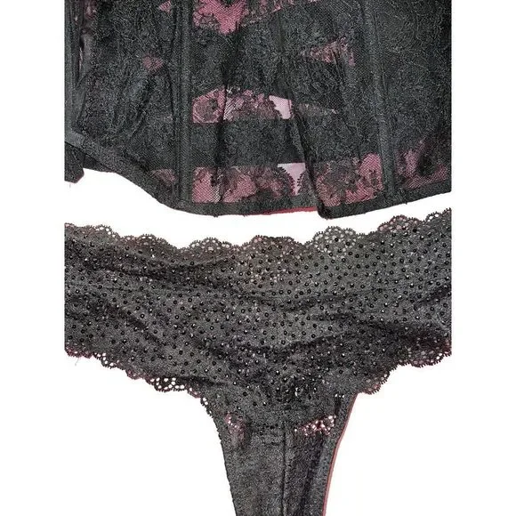 Victoria's Secret DESIGNER COLLECTION 36C CORSET bustier L thong BLACK crystal